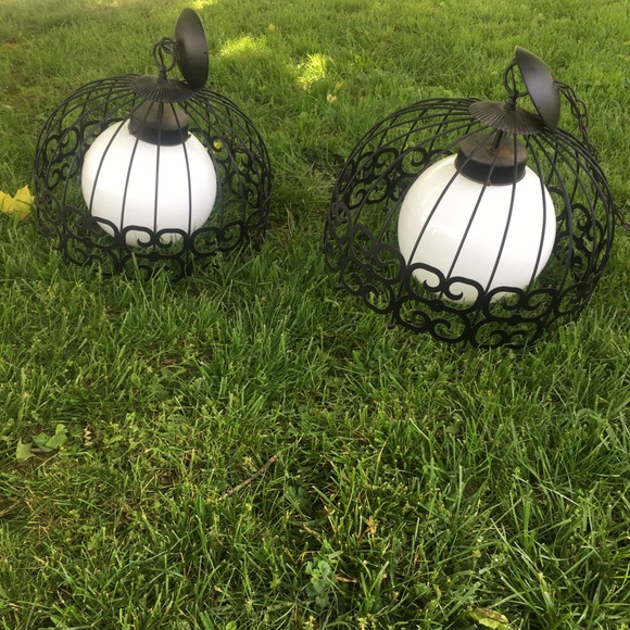 Set of 2 Vintage Cage Globe Mid Century Hanging Light Black - Picture 2 of 8